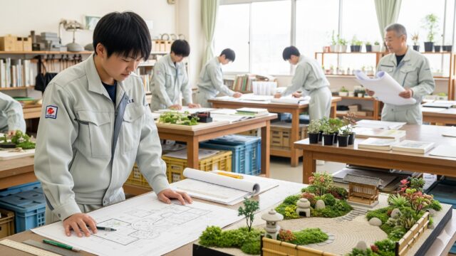 職業訓練校の教室で、庭園の模型を見ながら真剣に学習している若い日本人生徒。