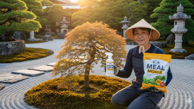 日本庭園でしゃがみ込んでいる人物の画像。片手には「Meal」（食事）と書かれた肥料の袋を、もう片手には「Supplement」（サプリメント）と書かれた植物育成剤のボトルを持っている。