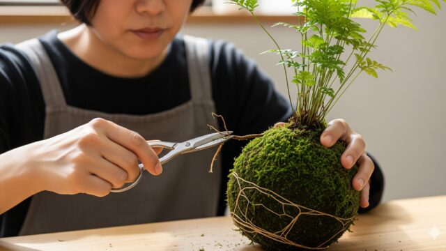 日本人女性が、小さな盆栽用のハサミを使って苔玉の傷んだ根を慎重に切っている様子。苔玉は生き生きとした緑の苔と、そこから生える小さなシダ植物でできており、彼女の手は苔玉を優しく支えている。