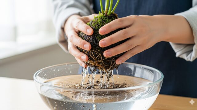 苔玉の根から土を洗い流している日本人の手のクローズアップ。手は透明なガラスボウルの中に入っており、苔玉の周りで土が舞い上がっている。