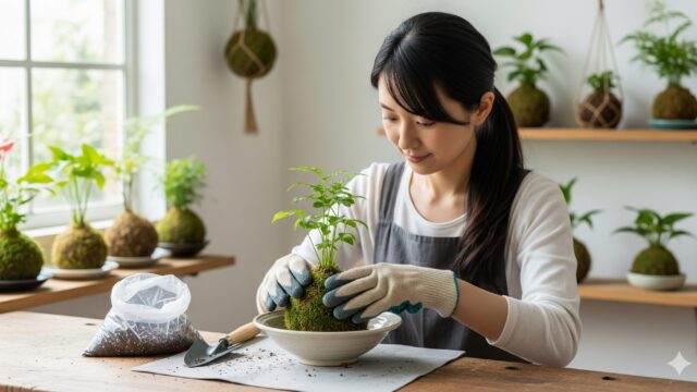 苔玉を植え替えている日本人女性。彼女は新しい鉢に苔玉を置き、植え替え作業を行っている。後ろには、他の苔玉が棚に置かれ、日当たりの良い部屋であることがうかがえる。