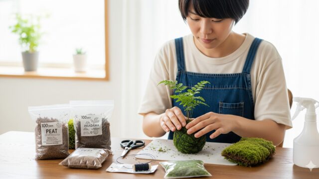 100円ショップで購入した園芸材料（ピートモスや赤玉土、苔など）を使って苔玉を制作している日本人。材料はシンプルなパッケージで、手作り感を醸し出している。
