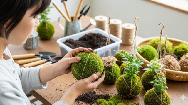 日本人が苔玉の作成工程で、ケト土を使わずに土を丸めている。苔と土の塊を手に持ち、周りに苔を巻きつけている。