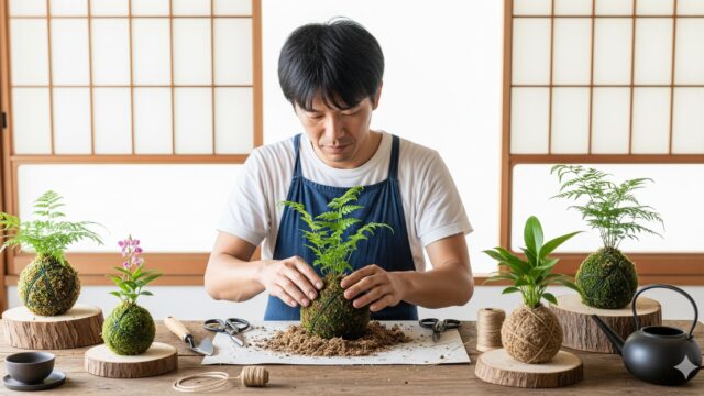 日本人男性が、緑の苔と土を使い、小さなシダ植物の周りに苔玉を作っている。彼は職人のような手つきで作業しており、手元にはハサミや麻ひも、そして数種類の完成した苔玉が置かれている。