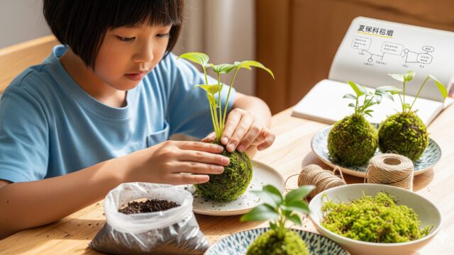 苔玉作りに集中している8歳くらいの日本人。手で土と苔を植物の周りに丸く成形している。そばには「夏の自由研究」と書かれたノートや、道具が置かれている。