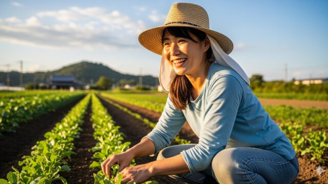 畑で笑顔で作業している主婦の姿。