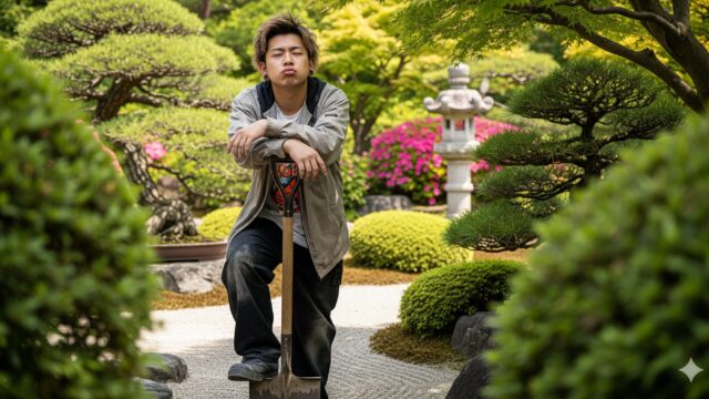 手入れの行き届いた日本庭園で、シャベルに寄りかかり、遠くを見つめている不真面目そうな若い男性