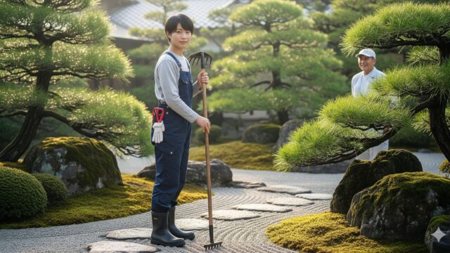 手入れの行き届いた日本庭園で、年上の男性が若い新人に造園について教えている場面。