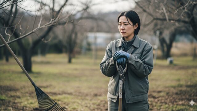 閑散期に仕事の心配をしながら庭でたたずむ若い職人。