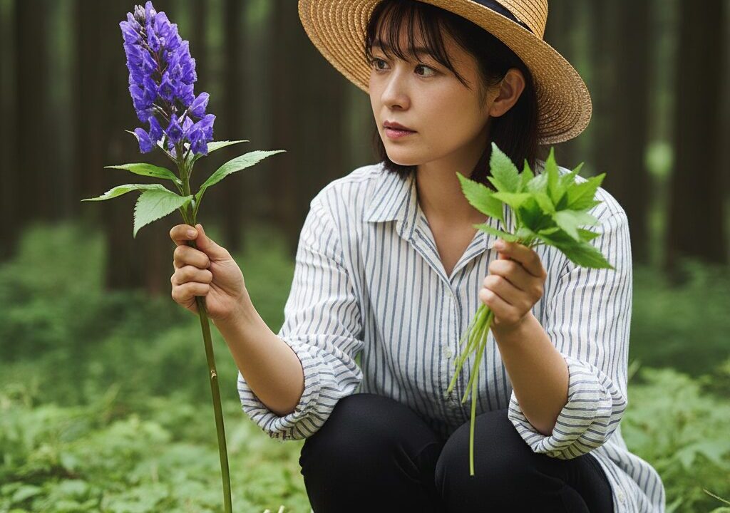 麦わら帽子をかぶった日本人女性が森の中でしゃがみ込み、左手に紫色のトリカブト、右手にヨモギの葉を持っている。真剣な表情で植物を見分けている。足元には籠があり、その中には採取されたらしきキノコとトリカブトの花が見える。