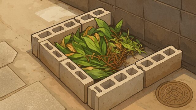 コンクリートブロックで囲まれた小さな花壇に、緑の葉と枯れた植物が入っている。周囲はコンクリートの地面とブロック塀で囲まれている。