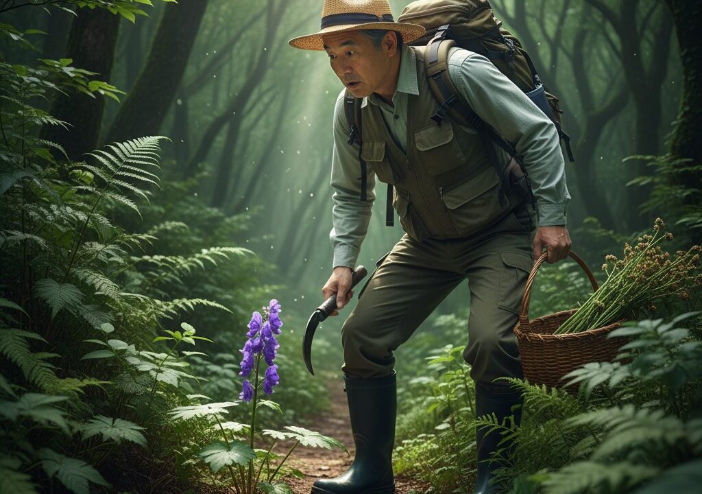 深い森の中、山菜採りを楽しむ一人の日本人男性が、ふと足元に咲く鮮やかな紫色のトリカブトに気づき、警戒しながらも興味深く観察している様子を捉えた画像です。手には鎌と採った山菜の入った籠を持ち、その表情からは有毒植物に対する認識と慎重さがうかがえます。