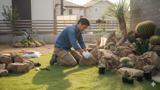 広々とした庭で、デニムシャツを着た男性が地面に膝をつき、岩と植物を配置してロックガーデンを製作している。近くにはいくつかの岩、スコップ、そしてこれから植えられるであろう植物が見える。庭にはすでにいくつかの石や植物が配置されており、背景には住宅の一部が見える。