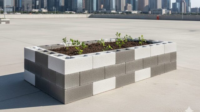 コンクリートの広い広場に、灰色と白のコンクリートブロックで構築された長方形の花壇。花壇の中には土と、まだ若い小さな緑色の植物が数本植えられている。背景には青空の下、高層ビルが立ち並ぶ都市の風景が見える。