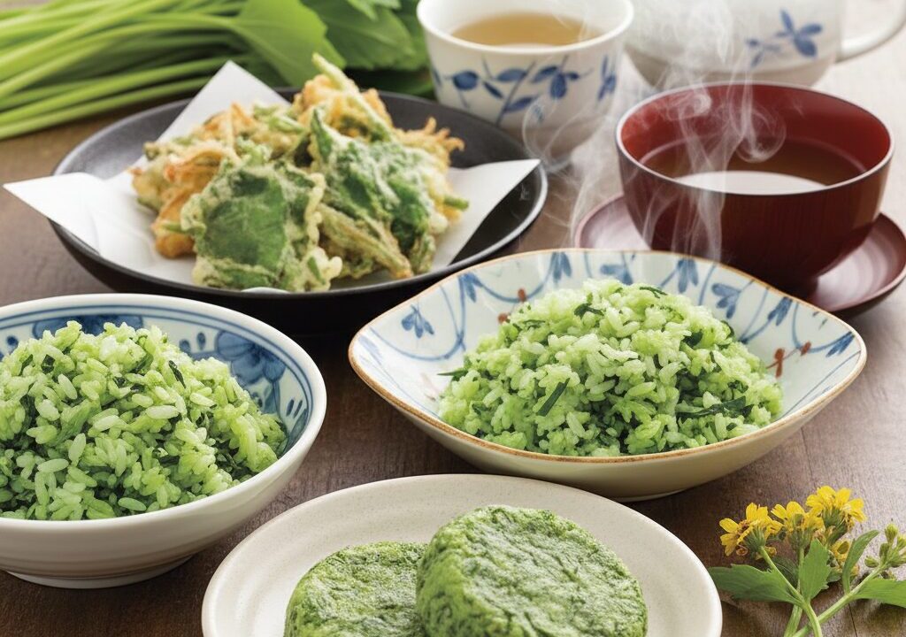 木製のテーブルの上に、よもぎご飯が盛られたお椀と皿、よもぎの天ぷら、そして二つのよもぎ餅が並べられている。奥には湯気の立つお茶の入った湯呑みと急須、そして新鮮なよもぎの葉が置かれている。