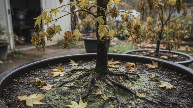 元気がなく、葉の色が一部変色しているもみじの根元。土は湿っており、根腐れの兆候が見られる。