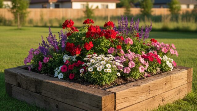 整然と並べられた木製の枕木で囲まれた花壇。花壇の中には、赤、ピンク、紫、白など様々な鮮やかな色の花が豊かに咲き誇っている。背景には緑の芝生と、その奥に住宅が見える。