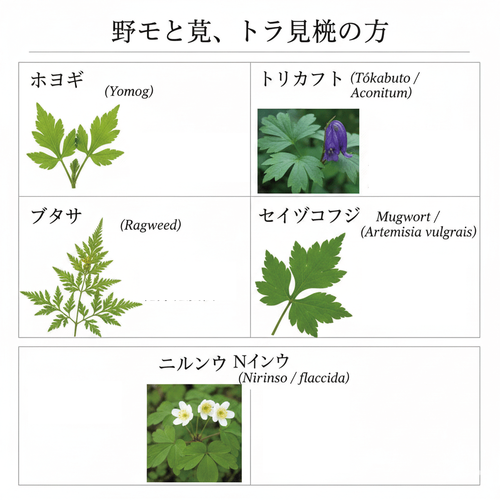 ヨモギ、トリカブト、ブタクサ、セイヨウヨモギ、ニリンソウのそれぞれの植物の葉や花の画像と、食用の可否や毒性、アレルギー情報などの特徴が記載された比較表。