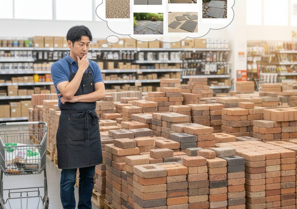 庭のDIYで、レンガ以外の選択肢について考えている日本人男性