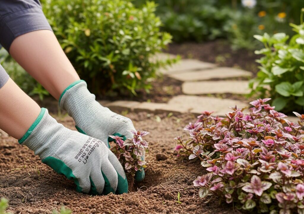 緑豊かな庭で、ラミウムの苗を土に植えている人の手元がクローズアップされています。