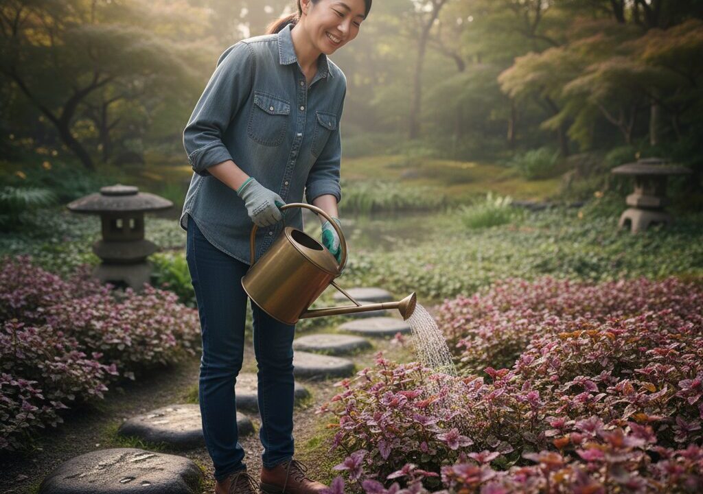 庭で、丁寧にラミウムに水をやっている日本人女性の姿