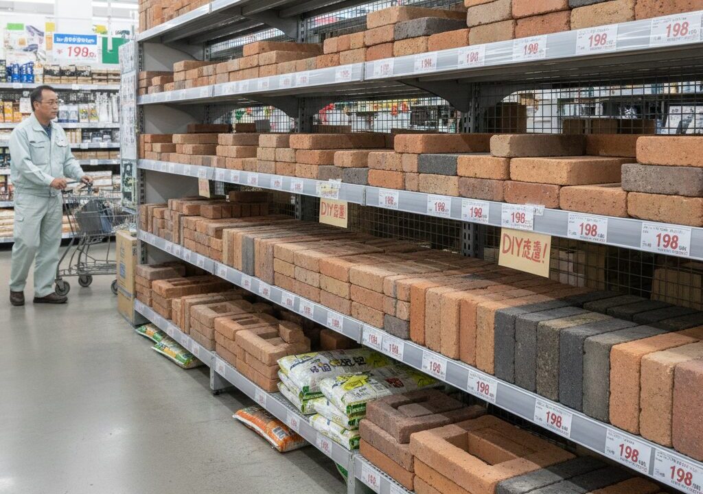 ホームセンターの棚に並べられ、1個ずつ販売されているレンガ