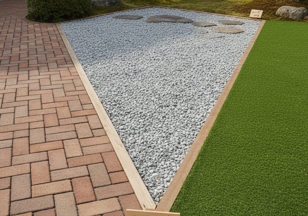 庭に施工されたレンガ、砂利、人工芝の3つの異なる素材の比較