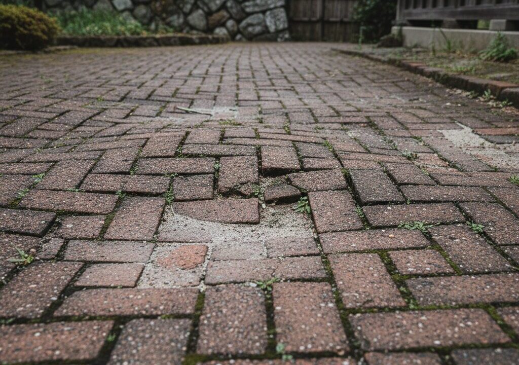 沈下してひび割れた庭のレンガ