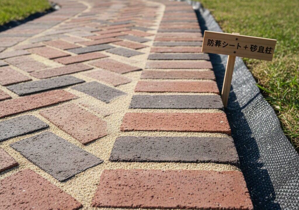 防草シートの上に敷き詰められ、目地材で隙間を埋められた庭のレンガ
