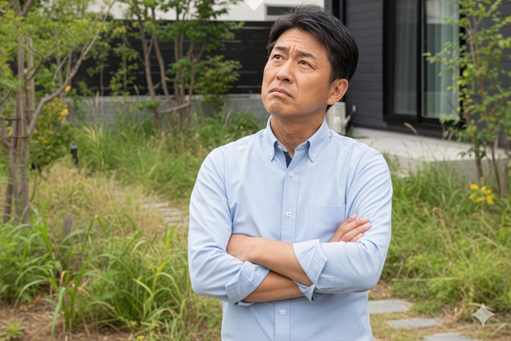 自宅の庭で腕を組み、庭木の剪定費用について悩んでいる日本人男性。頭上には「庭木剪定費用を安くするには？」と書かれた吹き出しがある。