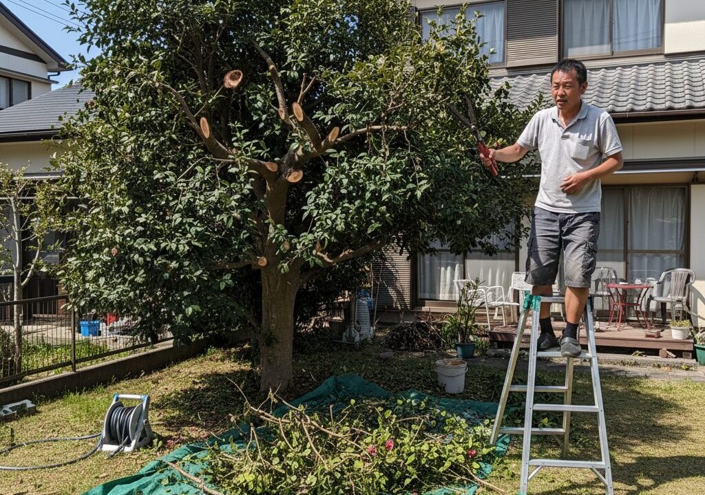 日本人男性が自宅の庭で、脚立を使い、素人らしいぎこちない手つきで庭木を剪定している。切り方が均一でなく、木の形がいびつになっている。
