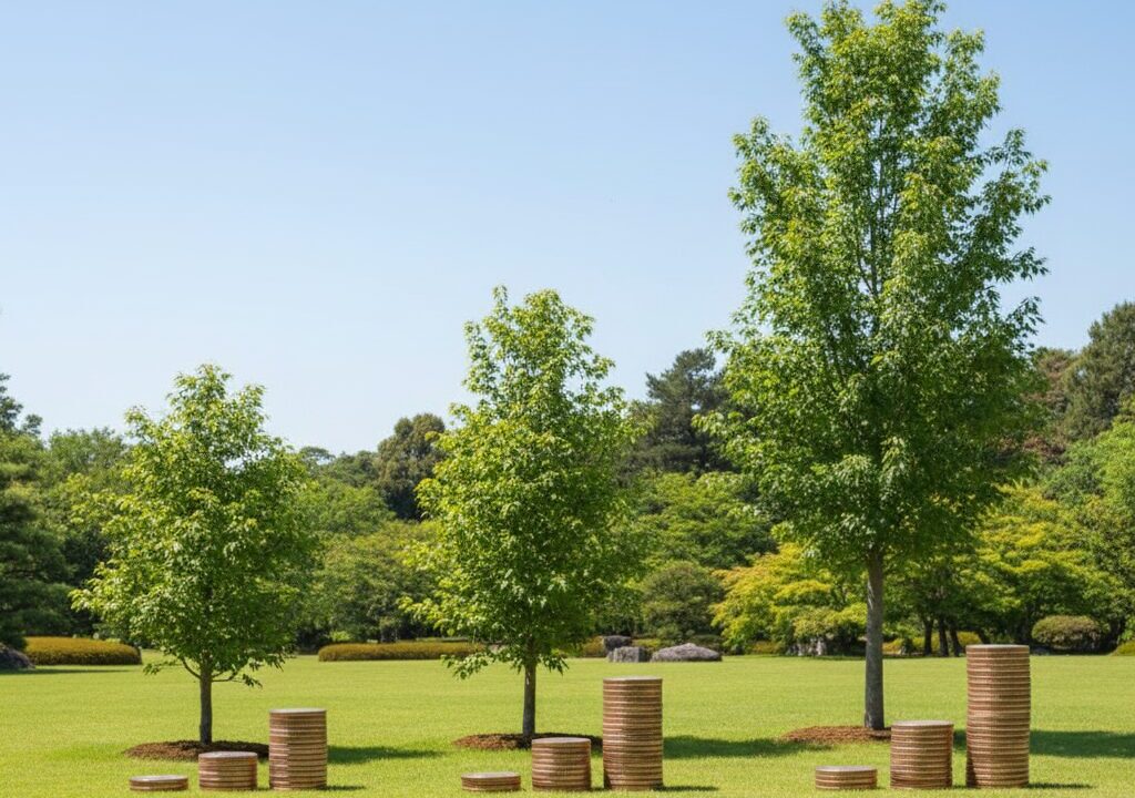 広々とした芝生の上に、高さの異なる3本の木が立っており、それぞれの木の根元には高さに比例して積み上げられたコインの山がある。これは庭木の高さが剪定費用に影響することを示唆している。