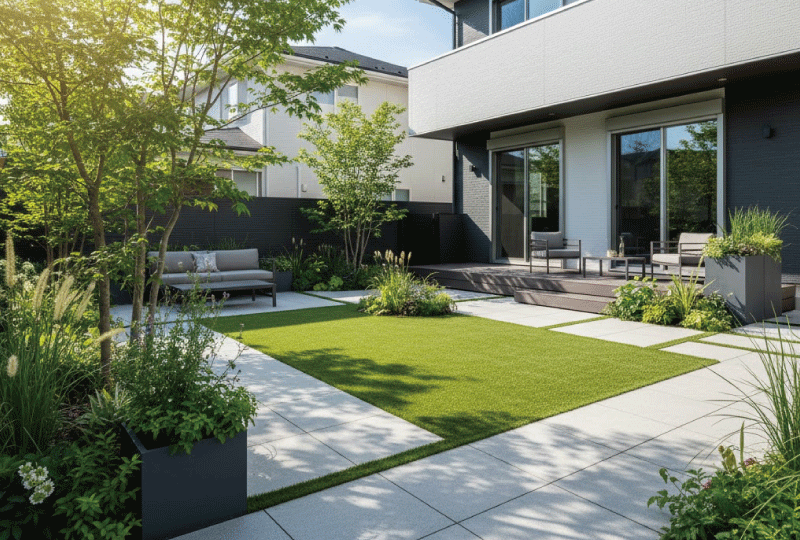 明るく親しみやすい写真スタイル。 人工芝とタイル、植栽を組み合わせたおしゃれな庭。 住宅雑誌に載りそうな整った外構。 日本の戸建て住宅。