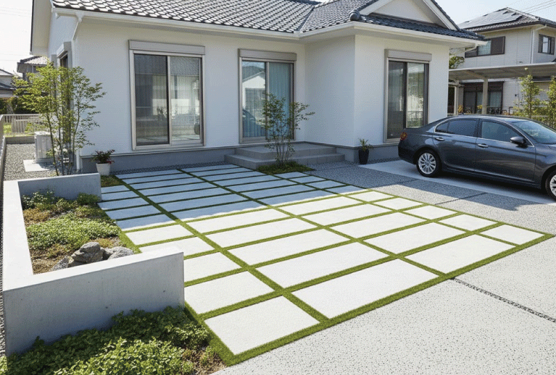 明るく親しみやすい写真スタイル。 芝生以外の素材で整った完成後の庭。 落ち着いて満足感のある雰囲気。 日本の戸建て住宅。