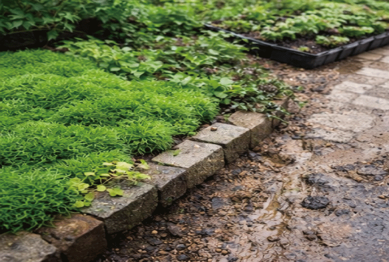 明るく親しみやすい写真スタイル。庭の一角にグランドカバー（例：タマリュウ、芝生、アイビー系）が広がっていて、土が露出していない状態。別エリアに鉢植えトレーで“試し植え”している様子がさりげなく写る。自然素材の雰囲気、みずみずしい緑、柔らかい光。文字なし。