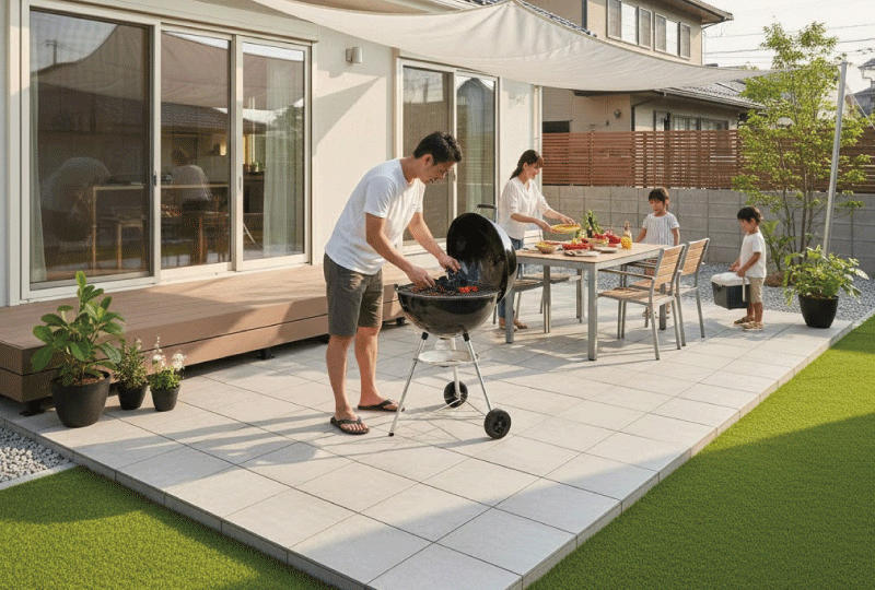 明るく親しみやすい写真スタイル。 タイル敷きの庭でBBQの準備をしている様子。 火を使っても安心な雰囲気。 日本の戸建て住宅。