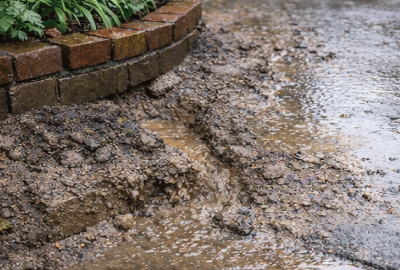 明るく親しみやすい写真スタイル。日本の一般的な戸建ての庭、雨上がりで一部がぬかるみ、土が流れて小さな溝ができている。手前に泥が少し道路側へ流れた跡、花壇の縁が軽く崩れている。奥に砂利の小道と植栽。自然光、柔らかい色調、生活感のあるリアル写真。人物なし、俯瞰気味の広角、解像感高め。