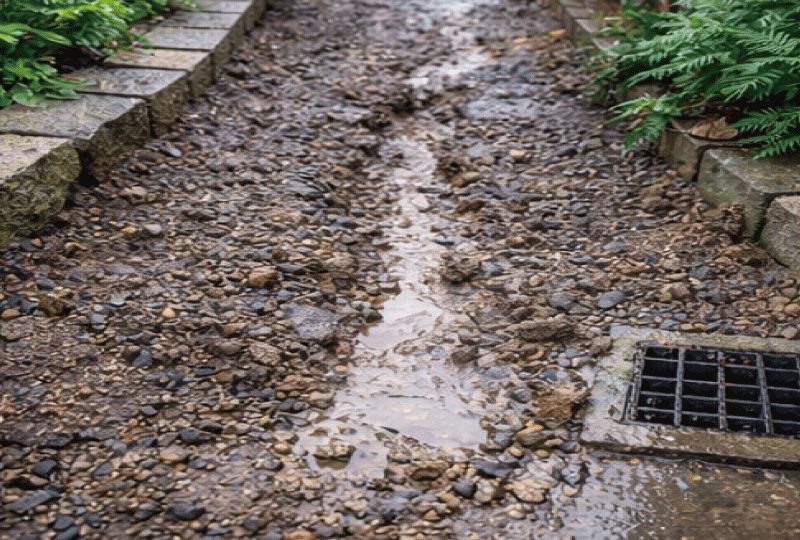 明るく親しみやすい写真スタイル。庭の地面を上から見た構図で、「土を止める」「土を守る」「水を逃がす」を連想させる3要素が同時に写る。例：低い土留め（レンガ/ブロック）が一部にあり、別の場所に砂利＋防草シートの小道、隅に雨水が集まる排水桝（または簡易な排水溝）が見える。全体は自然な庭の景観。文字は入れない。自然光、暖かいトーン。