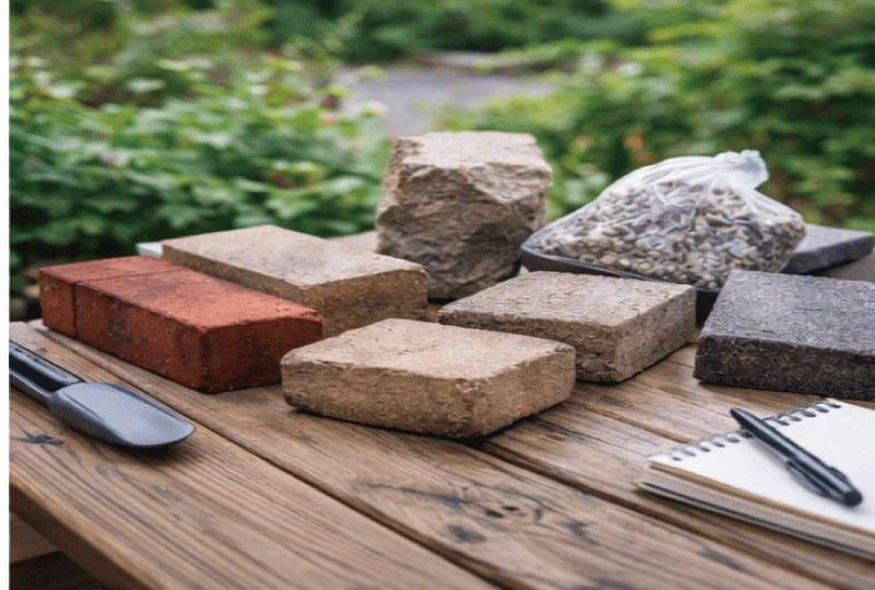 明るく親しみやすい写真スタイル。庭の一角にグランドカバー（例：タマリュウ、芝生、アイビー系）が広がっていて、土が露出していない状態。別エリアに鉢植えトレーで“試し植え”している様子がさりげなく写る。自然素材の雰囲気、みずみずしい緑、柔らかい光。文字なし。