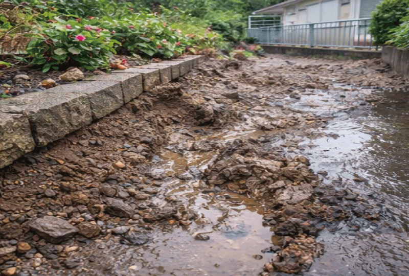 明るく親しみやすい写真スタイル。緩やかな傾斜のある庭の斜面、雨水が集まりやすい“筋”が一本だけ濃く見える。小さな水路状の溝が形成され始めている。斜面の上に小さな花壇、下に泥が溜まる場所。遠景にフェンスと隣地境界。自然光、広めの構図で傾斜が分かる。