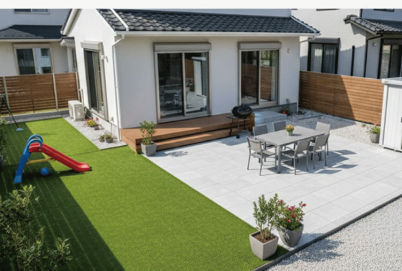 明るく親しみやすい写真スタイル。 洗濯物、物置、デッキなど生活に溶け込んだ庭。 芝生以外の素材で整えられている。 日本の戸建て住宅