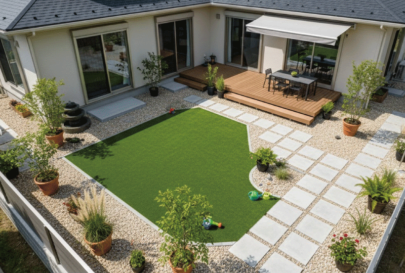 明るく親しみやすい写真スタイル。 芝生以外の素材で整えられた住宅の庭を斜め上から撮影。 人工芝、砂利、タイルがバランスよく配置されている。