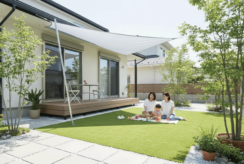 明るく親しみやすい写真スタイル。 夏の日差しの中でも明るく涼しげな人工芝の庭。 日よけシェードが設置されている。 日本の戸建て住宅。