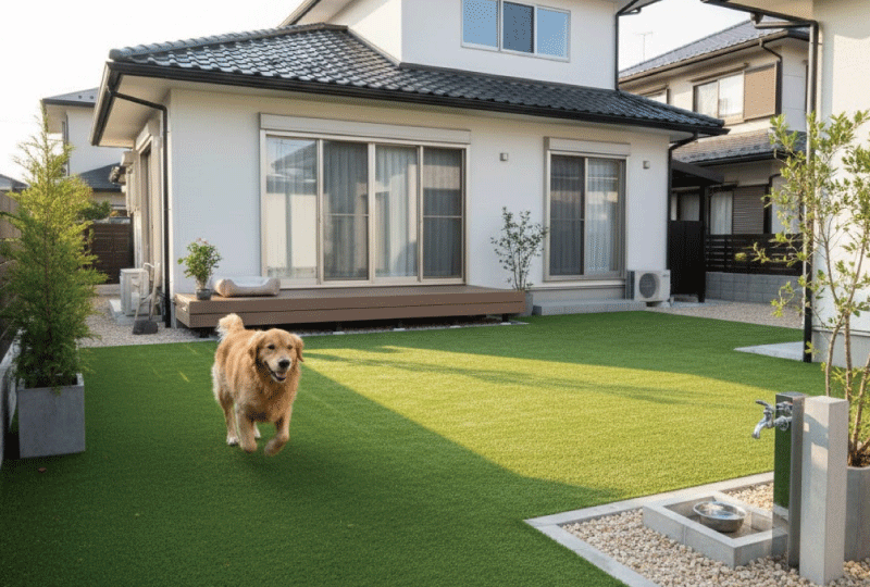 明るく親しみやすい写真スタイル。 人工芝の庭を元気に走る犬。 清潔感があり、ペット向けの庭。 日本の戸建て住宅。