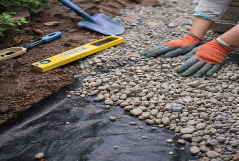 明るく親しみやすい写真スタイル。DIY作業中の手元写真。地面に防草シートを敷き、その上に砕石を均している。横にスコップ、レーキ、水平器、手袋、砂利袋が置いてある。手だけが写る（顔は写さない）。明るい自然光、清潔感、作業工程が分かる構図。