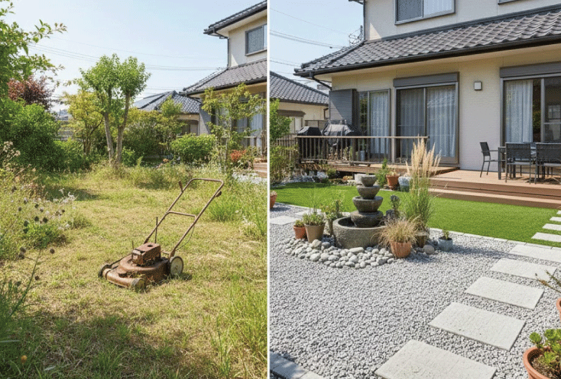 明るく親しみやすい写真スタイルの住宅の庭。 左側は手入れされていない天然芝の庭で雑草が目立つ。 右側は芝生以外の庭で、人工芝と砂利、タイルがきれいに整っている。 日本の戸建て住宅、晴れた昼間、自然光、リアルな写真