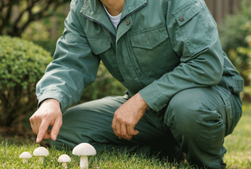日本の一般的な住宅の庭。芝生と低木がある明るい庭で、30代後半の日本人男性の造園技能士が、白いキノコを指さしながら穏やかに説明している様子。作業着は清潔感のあるグリーン系。朝の自然光、親しみやすく信頼感のあるリアル写真スタイル。