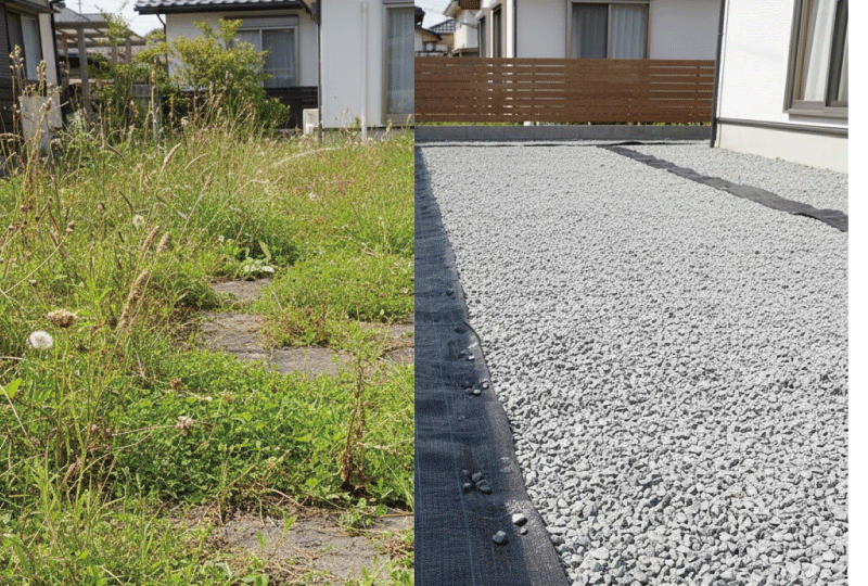 明るく親しみやすい写真スタイル。 住宅の庭で、防草シートと砂利で雑草が抑えられたエリアと、 雑草が生えている地面を並べて比較。 日本の戸建て住宅、リアルな写真。