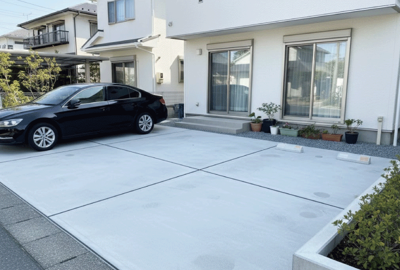 明るく親しみやすい写真スタイル。 土間コンクリートの庭兼駐車場に車が停まっている。 整った外構。 日本の戸建て住宅。