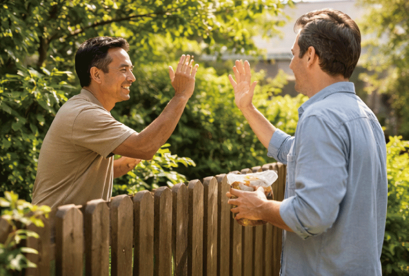 庭のフェンス越しに住人同士が笑顔で挨拶している写真。